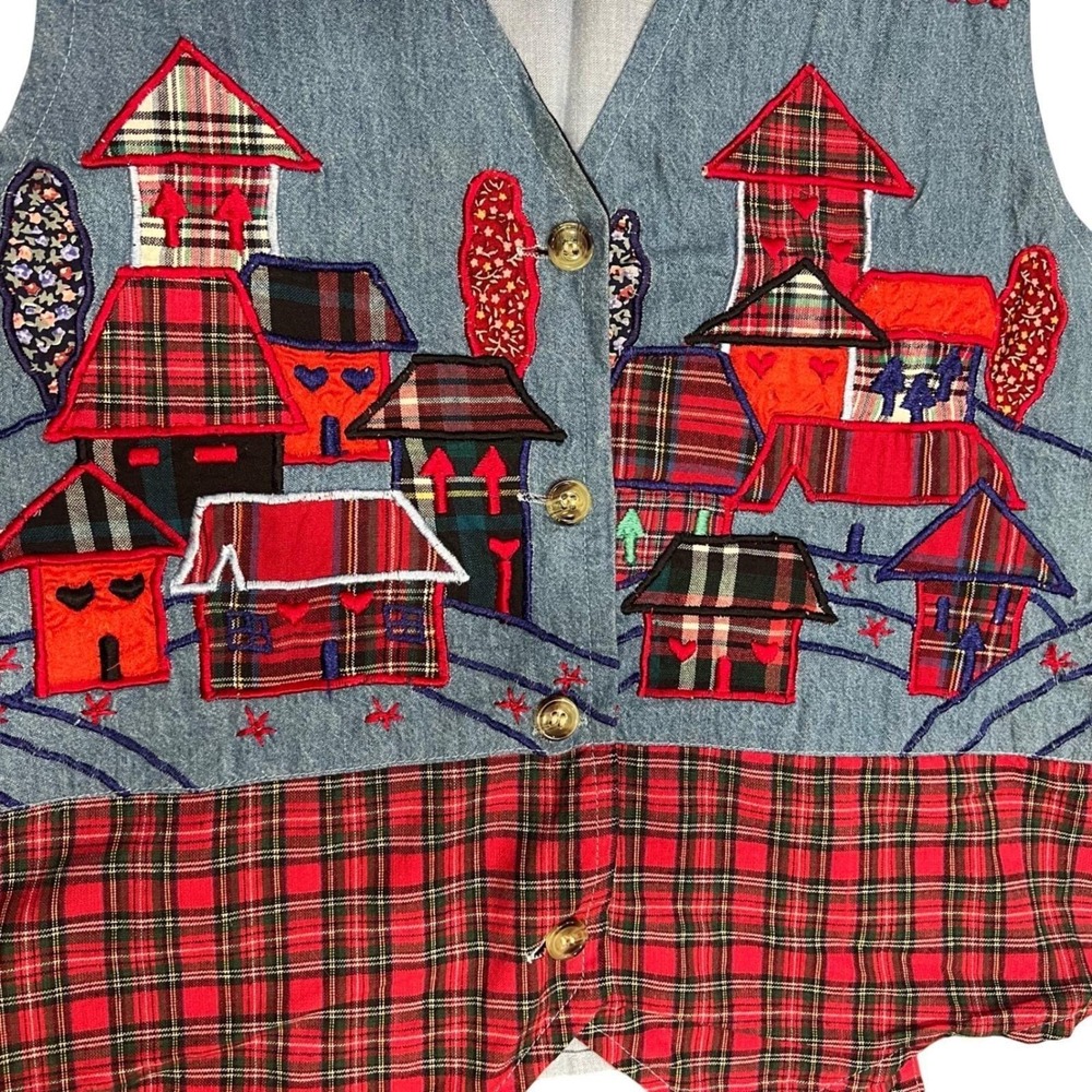 Vintage Patchwork Denim Vest Embroidered Folk Art Plaid Cottagecore M - Picture 3 of 9